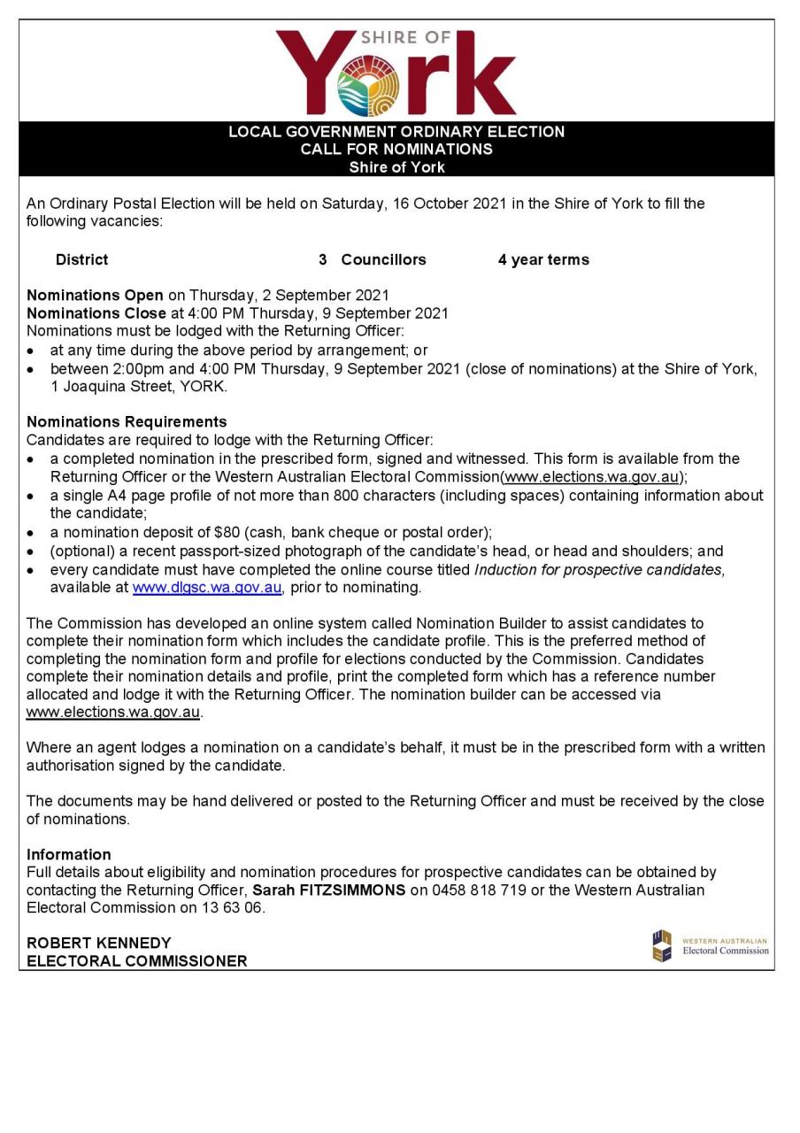 News Story - Call for Nominations - Local Government Elections » Shire ...