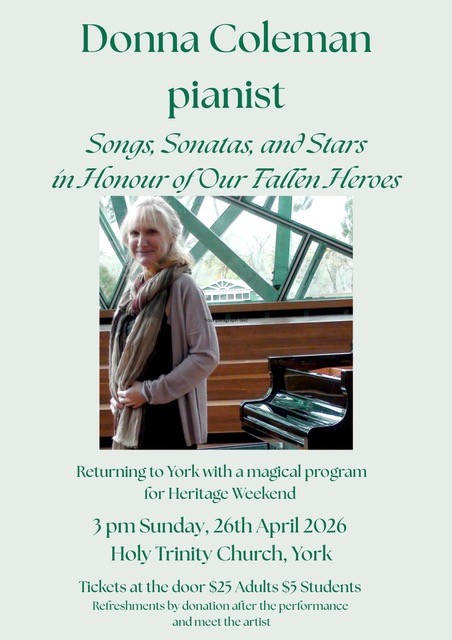 Donna Coleman Heritage Weekend Piano Concert honouring The Fallen.