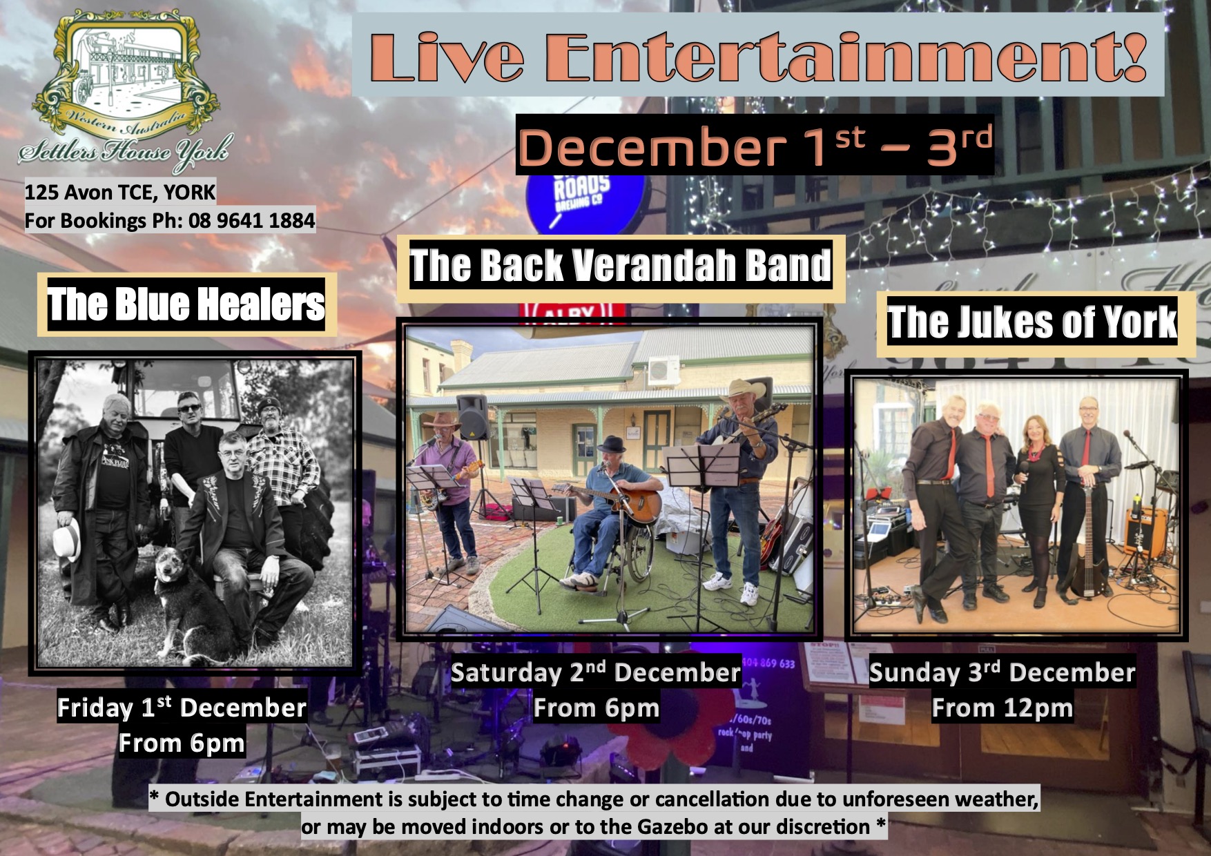 Live Entertainment at Settlers House - December 1st to 3rd
